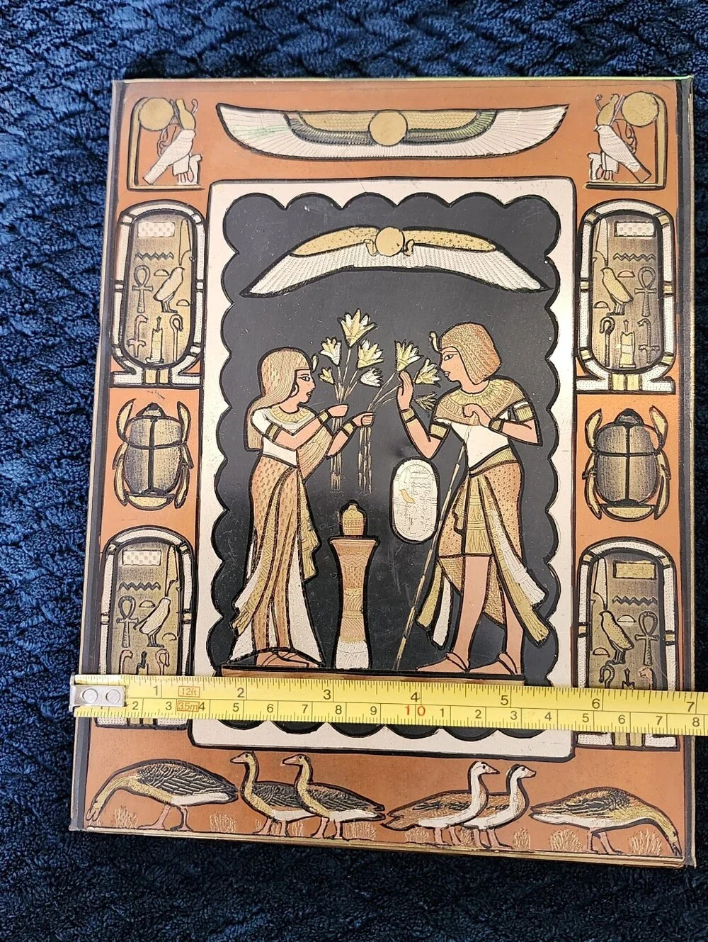 vintage Egyptian papyrus Metal And Wood depicting a pharaonic marriage scene.